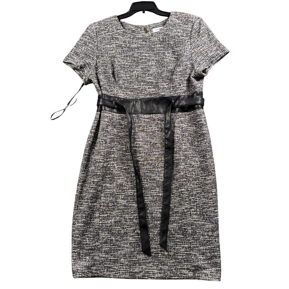 Calvin Klein Tweed Sheath Dress Faux Leather Belted Office Siren Quiet Luxury 8